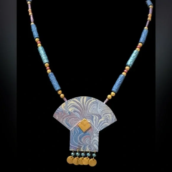 Long Necklace Handcrafted Wood Or Paper w/ Beaded Chain. Blue Boho Approx 26” - Picture 1 of 5